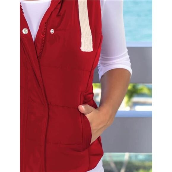 Women's Slim Sleeveless Quilted Removable Hooded Winter Red - Picture 6 of 6